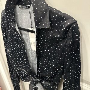 Zara Blouse Black With White Dots Silk Women’s Sz S New With Tags